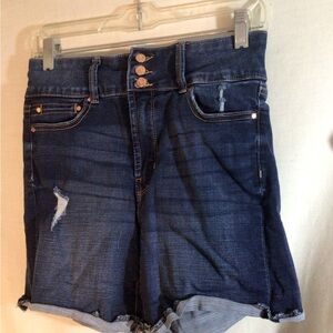 Woman Sz 6/28 RACHEL ROY Blue Stretch Denim Shorts Button Fly Distressed pre-own